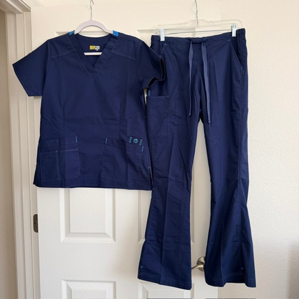 WonderFlex Scrub Set Blue Flare Pants Drawstring Pockets Medical Women Medium